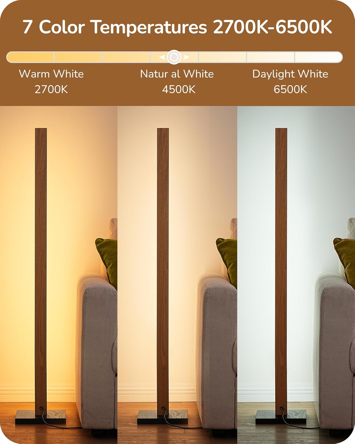 EDISHINE Mid Century Modern Floor Lamp with Remote, Dimmable Wood LED Corner Lamp, Minimalist Standing Mood Lighting for Living Room, Bedroom, Office, 7 Color Temperature 2700K~6000K, 48.43"
