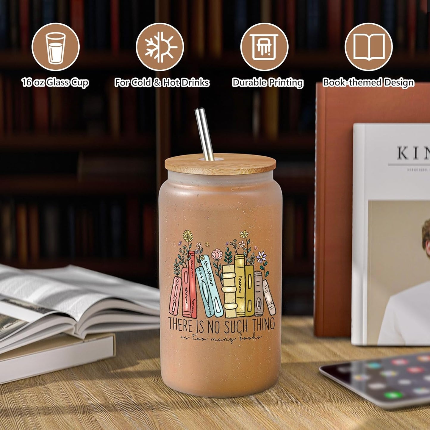 LEADO 16 oz Cute Glass Cups with Lids and Straws - Book Lovers Gifts - Bookish Present, Birthday, Mothers Day Gifts for Book Lovers Women, Readers, Bookworm, Girl - Coffee Tumbler, Reading Accessories