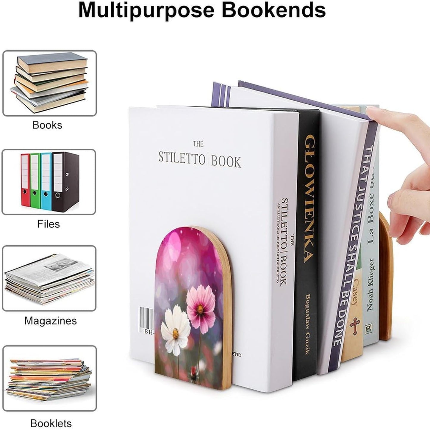 Two Peach Flowers Bookends 1 Pair Heavy Duty Book Ends for Shelves Non-Skid Bookend Supports Wooden Book Holders with Metal Base Desk Organizers Books Storage to Hold Books