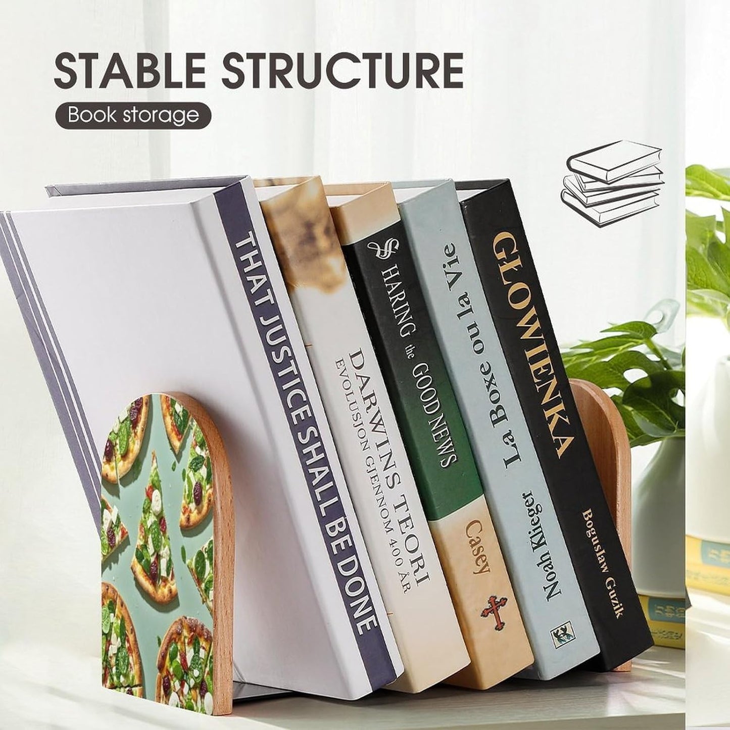 Green Pizza Slices Bookends 1 Pair Heavy Duty Book Ends for Shelves Non-Skid Bookend Supports Wooden Book Holders with Metal Base Desk Organizers Books Storage to Hold Books