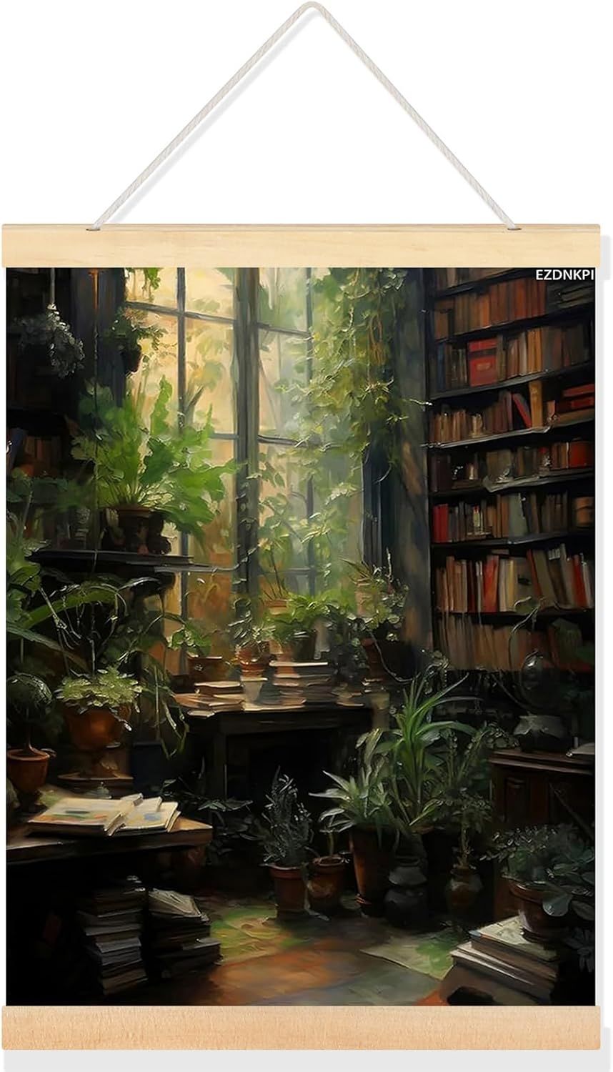 Retro Library Painting, Antique Reading Nook Wall Art, Gothic Posters for Bedroom Aesthetic, Dark Academia Wall Art Ready to Hang Framed 24x36 Inch