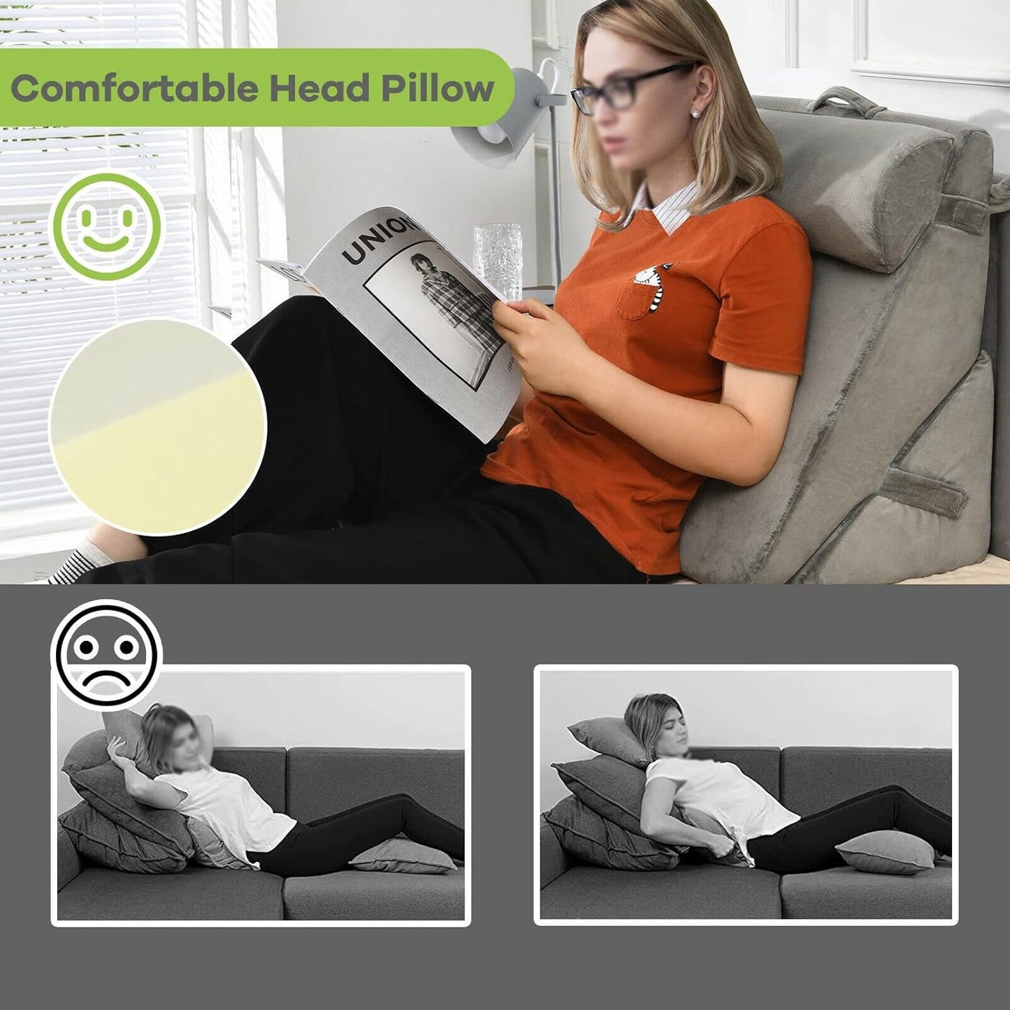 Bed Wedge Pillow Adjustable Neck Back Support Memory Foam Headrest Grey