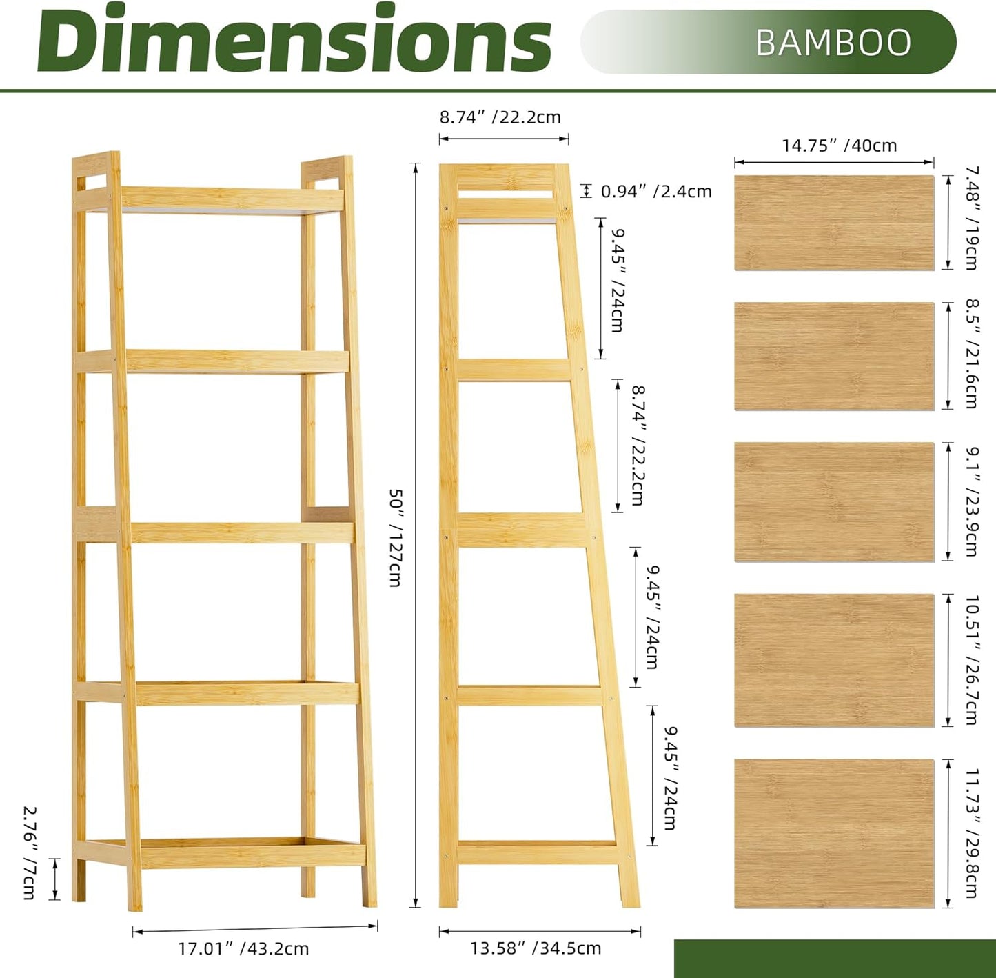 Bookshelf, 5 Tier Ladder Bookcase with Bamboo Frame, Freestanding Tall Narrow Display Plant Shelf for Living Room, Kitchen, Bedroom, Balcony, Natural