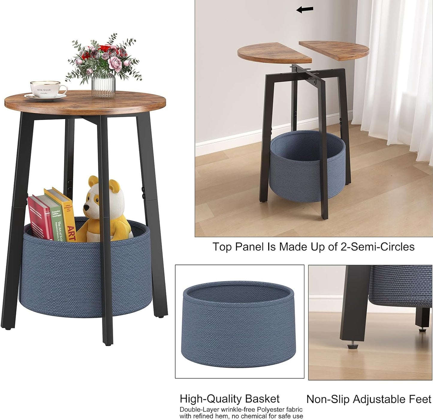 Small Round Side End Table with Storage Basket, Round Bedside Sofa Couch Coffee Tables for Small Places with Metal Frame, Modern Nighstands for Living Room Bedroom, Rustic Brown
