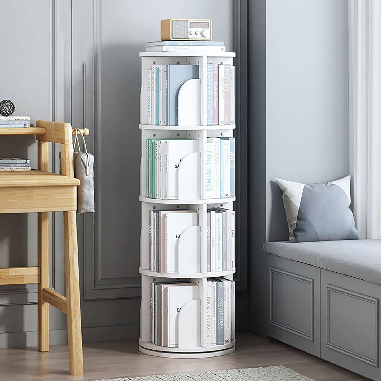 Wooden Rotating Bookshelf,Tall Floor Standing Bookcase,Multi-Functional Storage Display Rack Modern Open Shelves for Home Office Living Room Study (White 4 Tier 39x39x128.5cm)