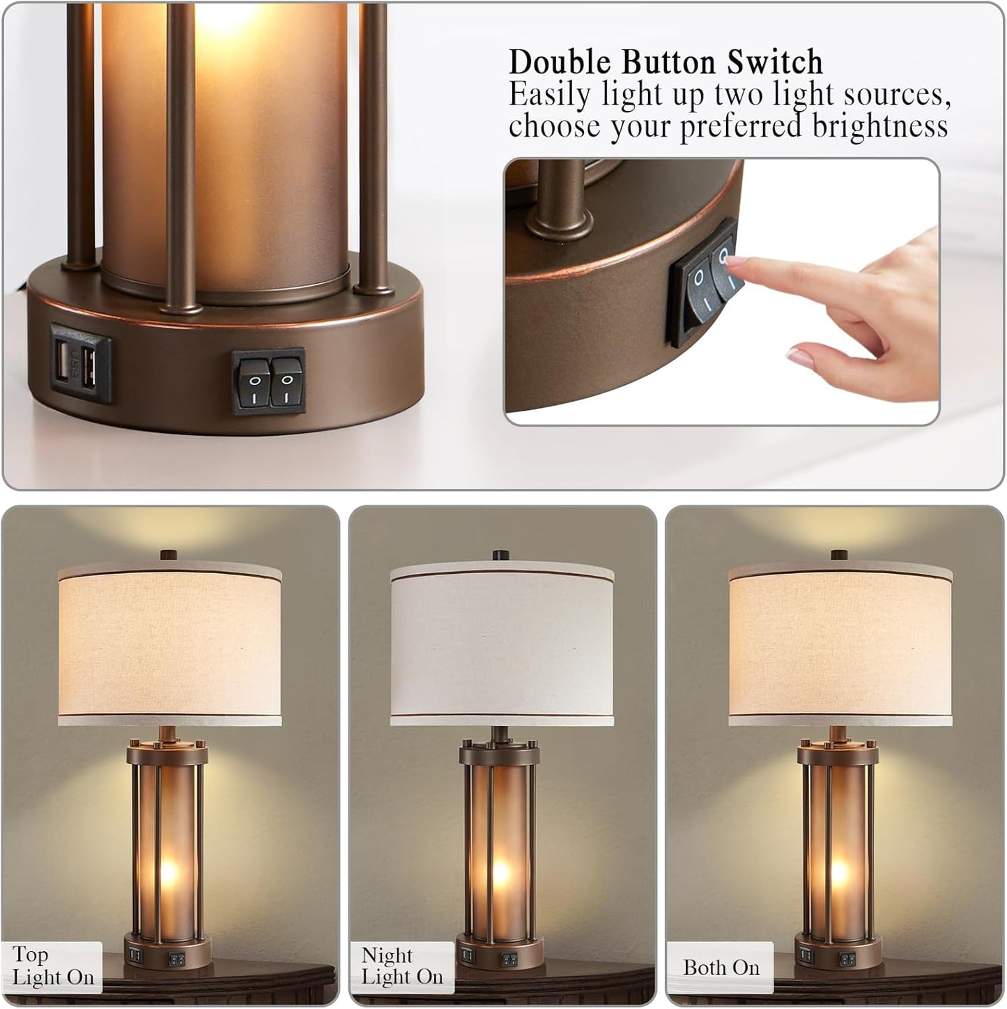 RORIA Farmhouse Table Lamps for Living Room with 2 USB Charging Ports, Vintage Rustic Nightstand Lamp with Amber Glass Nightlight, Retro Desk Lamp for Bedroom Entryway, 2 Bulbs Included