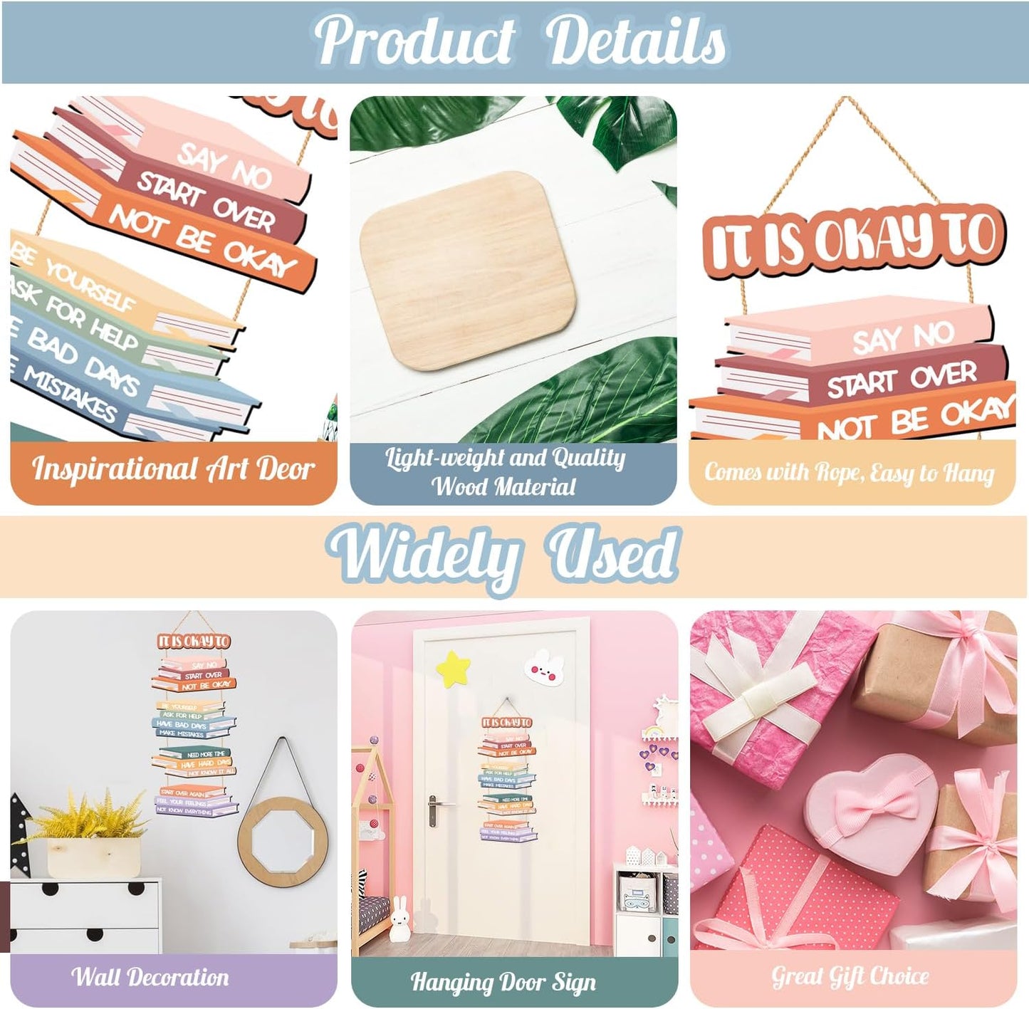 5 PCS Wooden Kids Inspirational Wall Art Sign It is Okay to Wall Decor for Boys Girls Bedroom Boho Nursery Hanging Plaque Motivational Quotes Signs Decor for Classroom Playroom Toddler Room Supplies