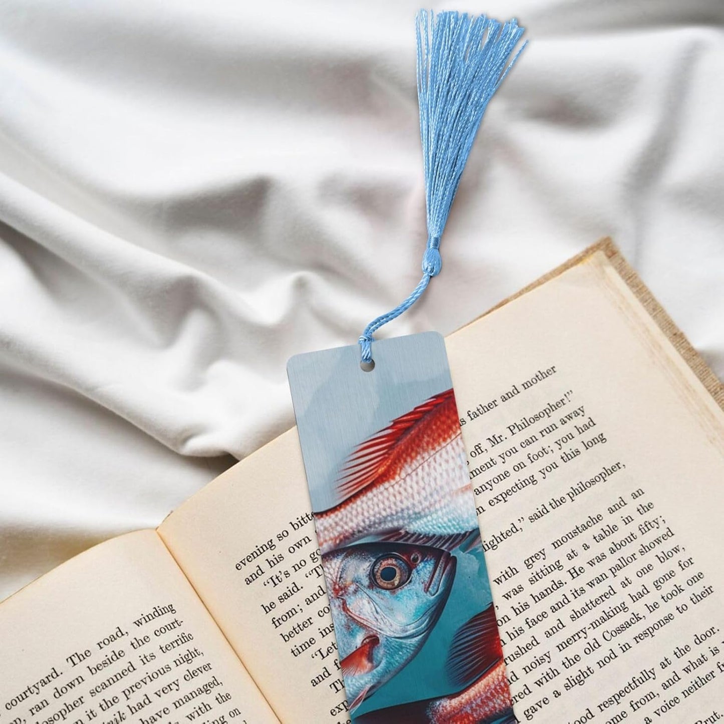 Little Red Fish Bookmarks Gifts for Women Men, Wooden Bookmarks for Book Lovers, Vintage Book Marks Ornaments with Tassel, Unique Personalized Reading Page Markers Sky Blue