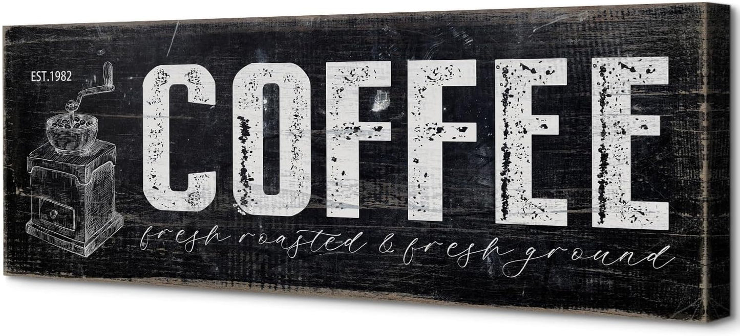 Distressed Coffee Bar Plaque Sign for Kitchen Station Fresh Roasted & Fresh Grind Black and White Canvas Wall Art for Home Cafe Corner Pantry Countertop Decorations 6"x17"