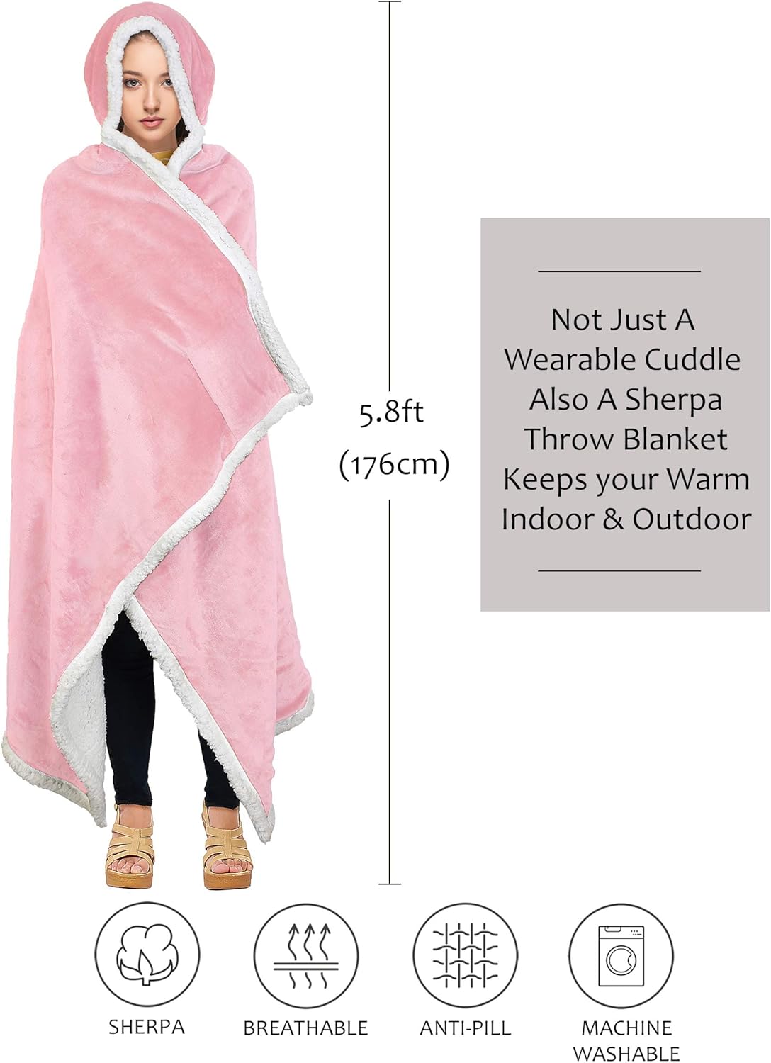 Tirrinia Hooded Blanket Wearable Cuddle Throw Warm Cozy Sherpa Lining 47’x73’/ Sherpa Throw Blanket/Solid Flannel