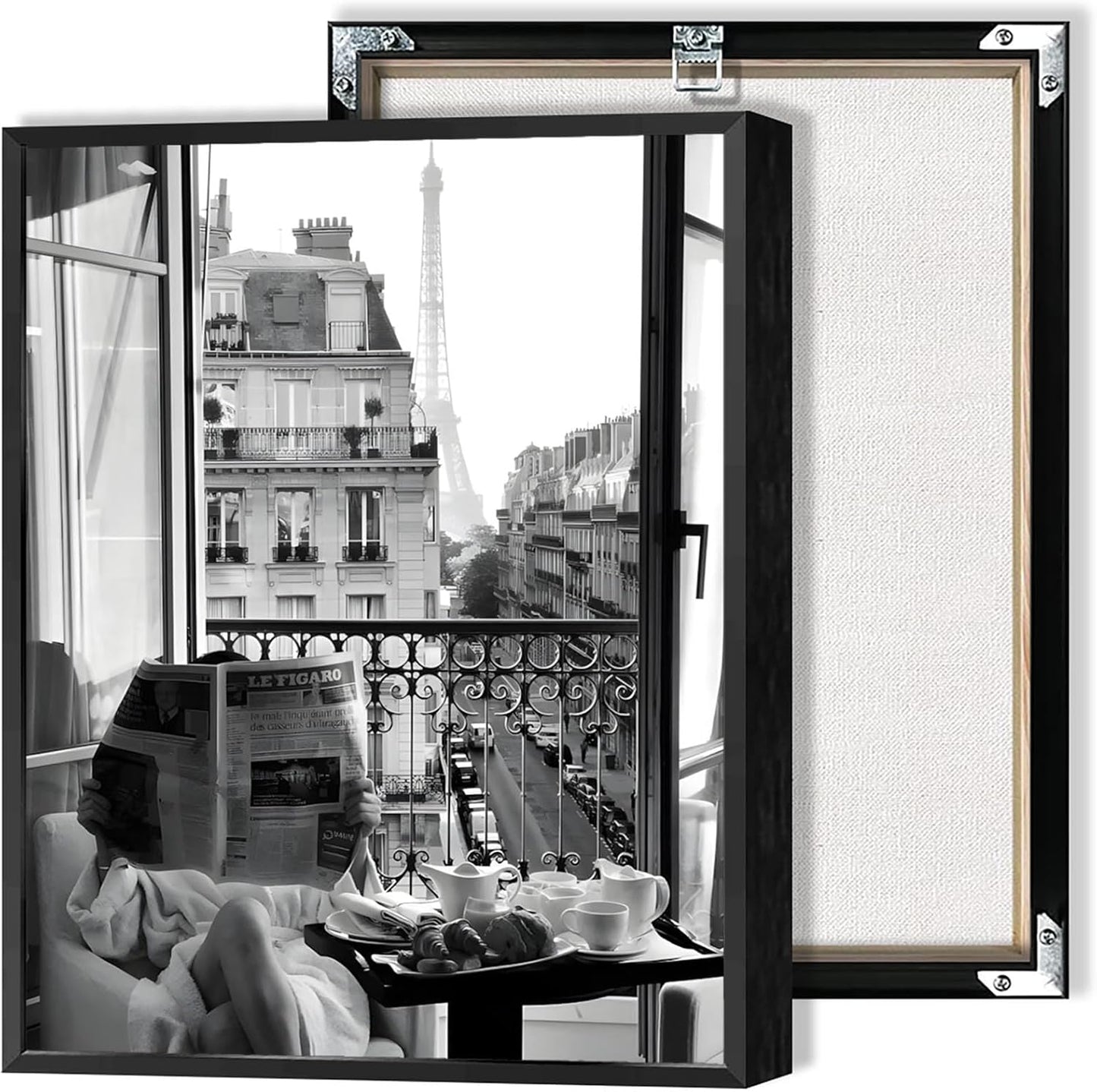 Trendy Girl Reading Newspaper Canvas Posters Eiffel Tower View Wall Art Black And White Feminist Prints Painting For Living Room Bedroom Dorm Wall Decor 8x12in Unframed