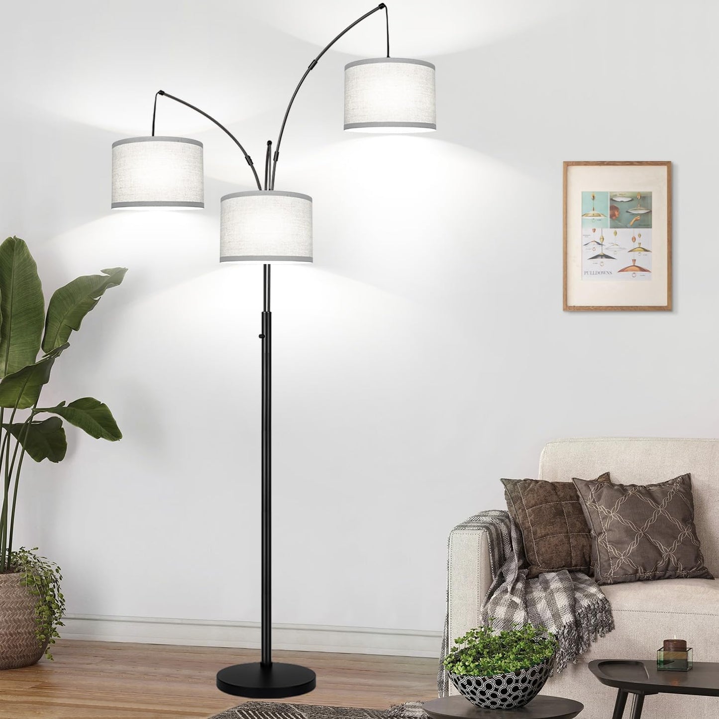 Dimmable Floor Lamp, 3 Lights Arc Floor Lamps for Living Room, Modern Tall Standing Tree Lamp with Gray Linen Shade & Heavy Base, Large Floor Lamp for Bedroom Office, 3x1000 LM LED Bulbs Included
