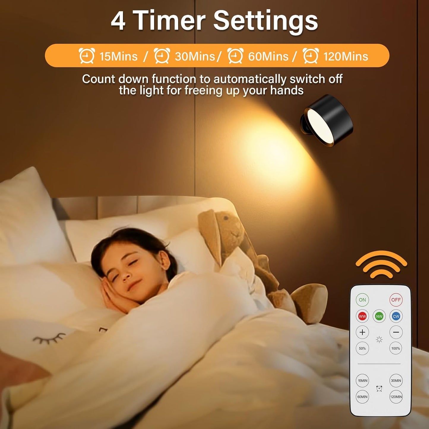 LED Wall Mounted Lights,Rechargeable Battery Operated Wall Sconce with Remote,3 Color Temperatures & Dimmable Magnetic 360° Rotation Cordless Wall Light for Bedside Reading,Bedroom,Closet,2 Pack