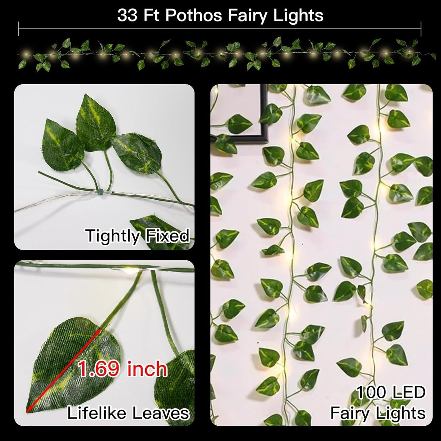 suddus Vine with Fairy Lights Battery Operated, 33ft100 LED Pothos String Lights with Remote, Leaf Lights for Bedroom, Room, Wall, Garden, Party, Wedding Dorm Decor(Warm White)