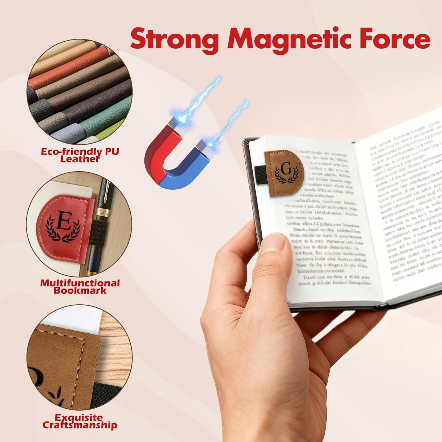 Personalized Bygone Mark Bookmark with Pen Holder, Magnetic Bookmarks with Vintage 26 Letters, Engraving Leather Magnetic Pen Holder Bookmark for Women Book Lovers Gifts (Red, A)