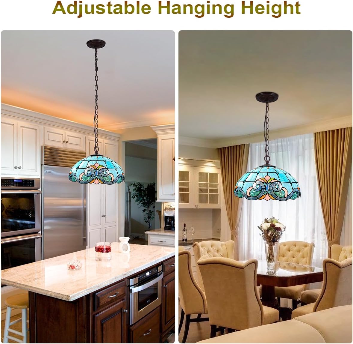 Tiffany Style Pendant Light Fixture 16" Stained Glass Hanging Lamp with Metal Chain for Dining Room Kitchen Bedroom - E26 Base 2 Lights
