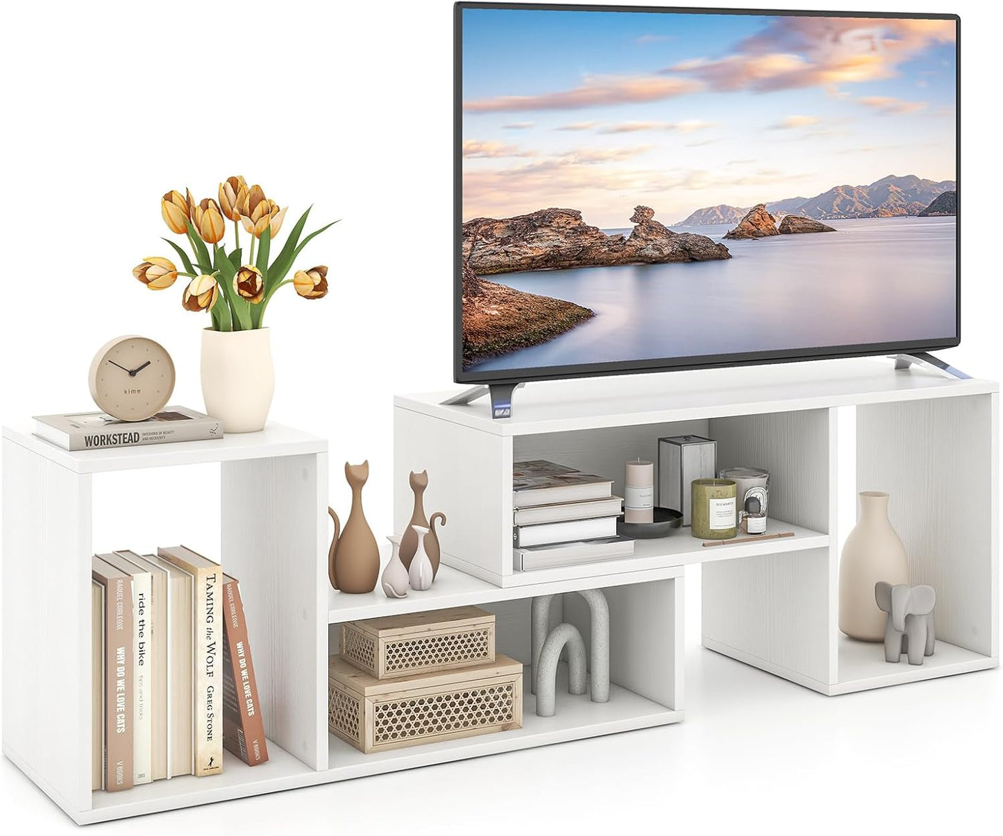 LDAILY L-Shaped TV Stand, TV Entertainment Center with 4 Storage Cubes & Rotating Shelves, Wood Bookcase for TVs up to 55 Inch, Sturdy Free-Combination Console Table for Living Room, Bedroom (White)