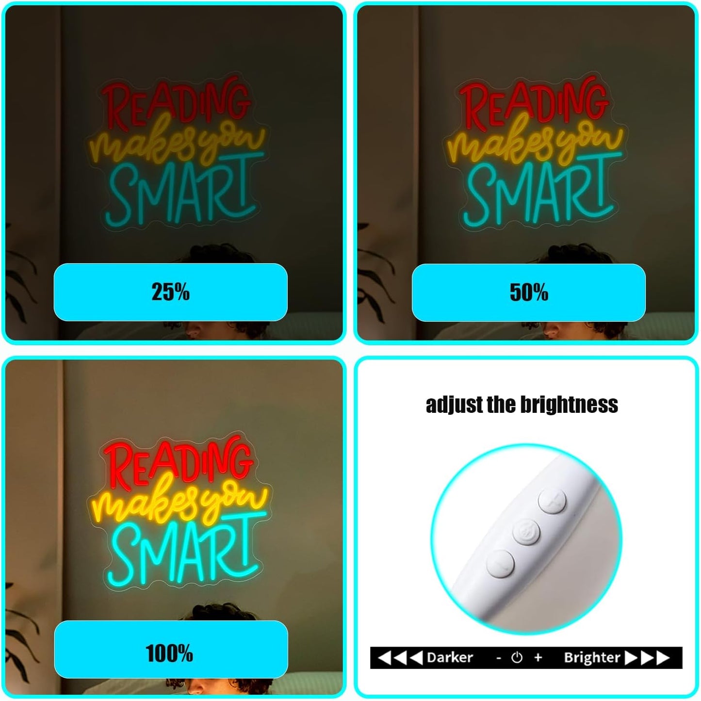 Reading Makes You Smart Neon Sign,Dimmable Neon Lights for Bedroom,USB Powered Neon Wall Sign,Led Neon Signs for Man Cave,Bookstore Library Study Room Wall Decor Gifts 11.9x13.8 inches.