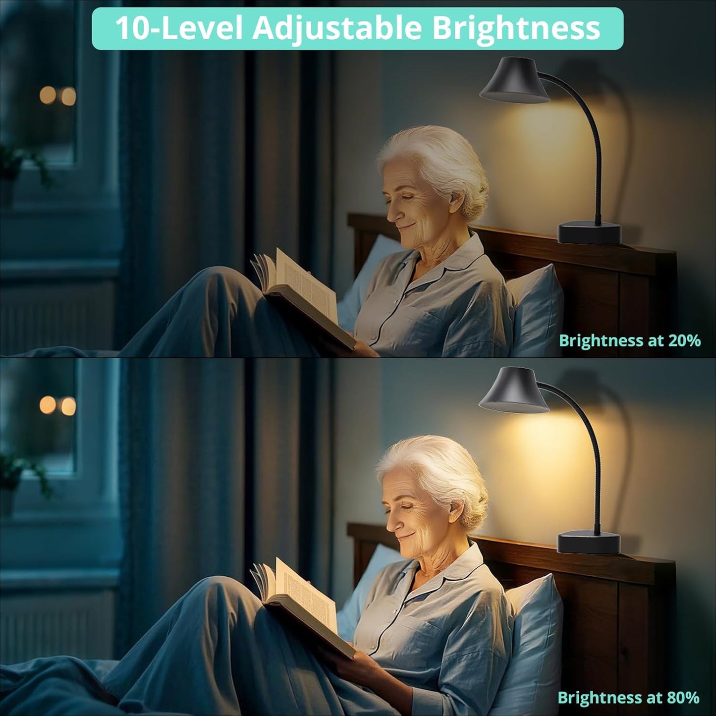 TONYFUL Bed Light for Headboard, Eye Care Reading Lamp, No Drilling Bed Light, 5 Colors & 10 Brightness Book Light with Flexible Gooseneck, Top Ambient Lighting for Bedroom, Desk, Living Room Sofa
