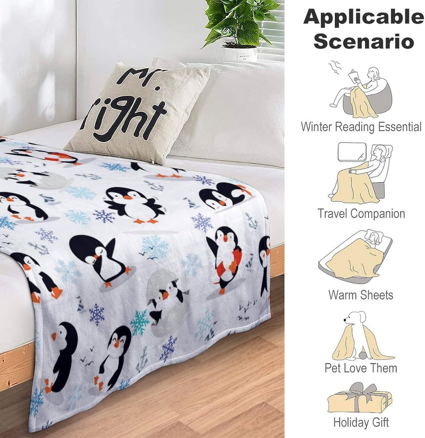 Animal Penguin Blanket Ultra Soft Cute Penguins Flannel Fleece Throw Blankets Lightweight Microfiber Fun Art Kids Adult Bedding for Gifts Travel 60"X50"