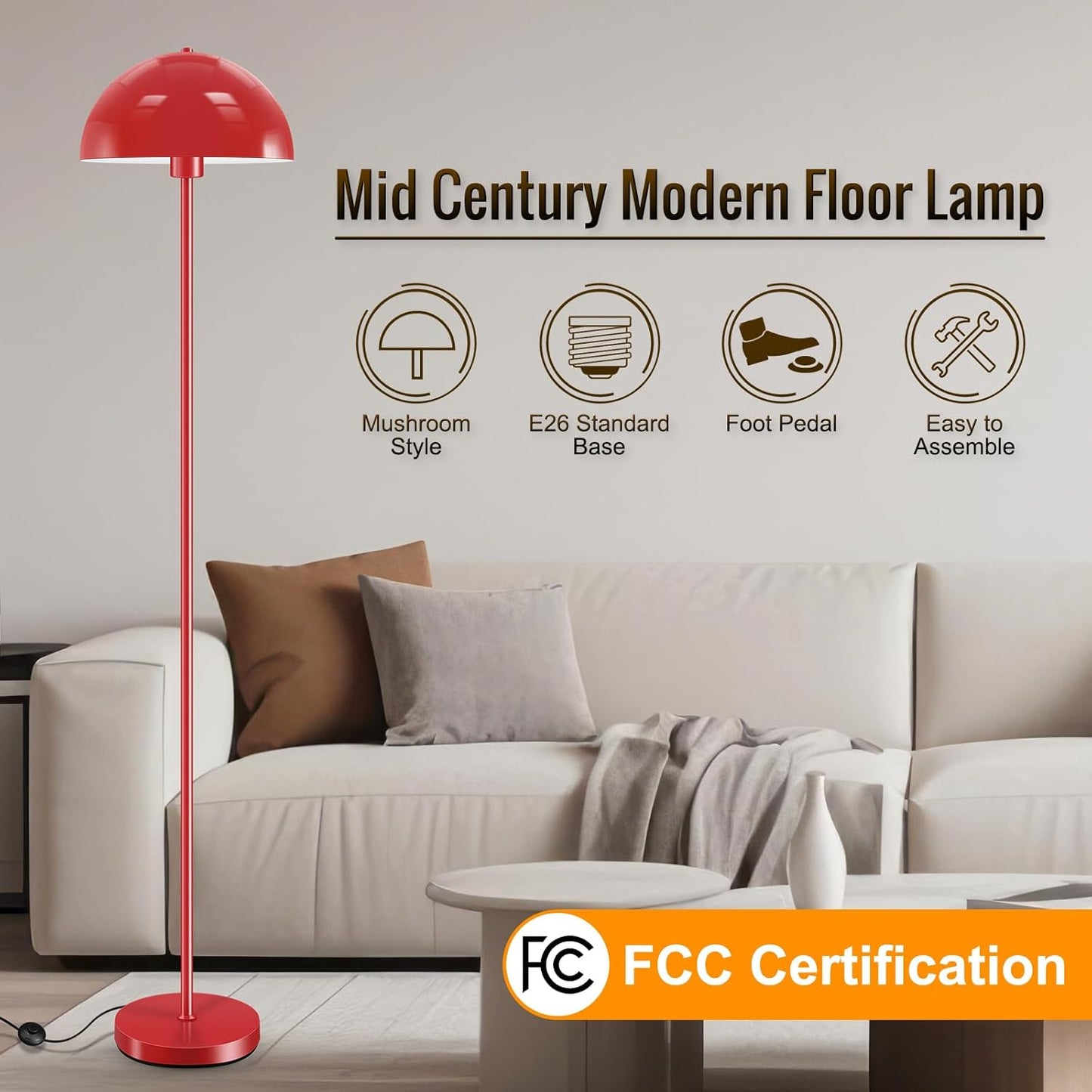 Modern Floor Lamps for Living Room, Red Metal Mushroom Lamp, 66" Tall Corner Lamp, Footswitch, Bright Industrial Standing Lamps for Bedroom Nursery, Mid Century Modern Home Decor(E26 Base, NO BULB)