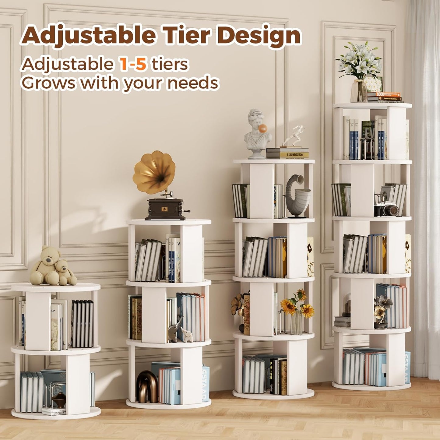 5 Tier Rotating Bookshelf Tower, 360° Display Round Bookcase, Floor Standing Corner Revolving Bookshelf Organizer Storage Rack for Home Study Office, White