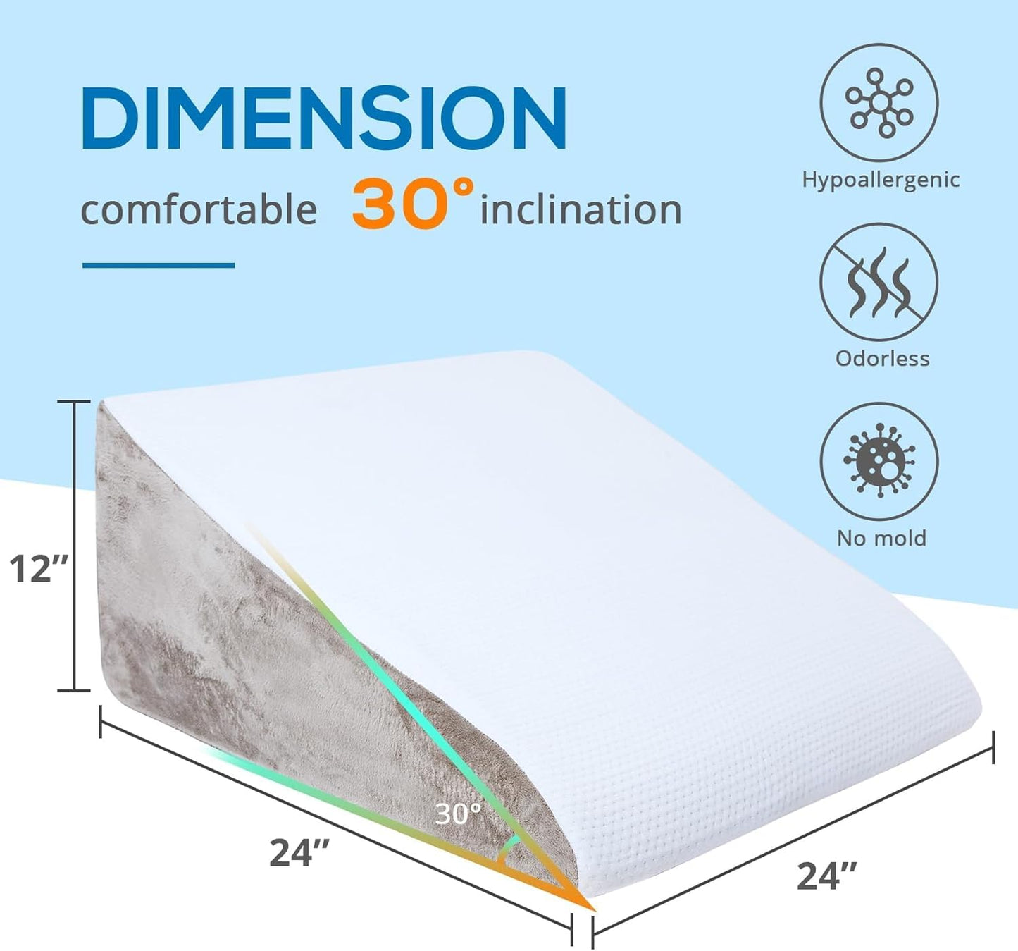 Memory Foam Bed Wedge Pillow  12 Inch Washable Cover for Acid Reflux Back Pain