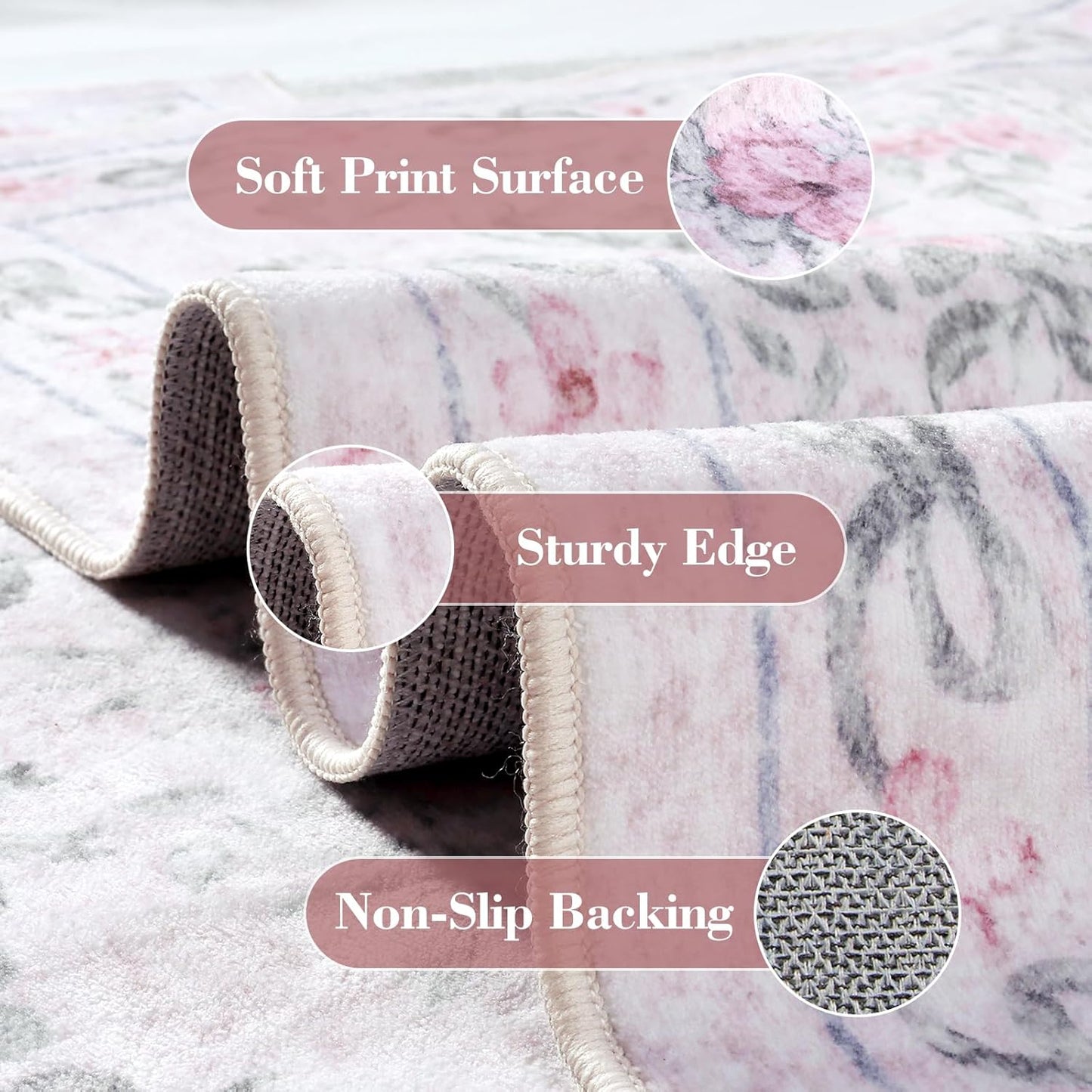 Wonnitar Floral Bow Rug for Girls Bedroom, Pink Area Rug 6x9 for Room Decor, Washable Ultra-Thin Non Slip Soft Boho Aesthetic Carpet for Baby Nursery Kids Room Living Room, Light Pink