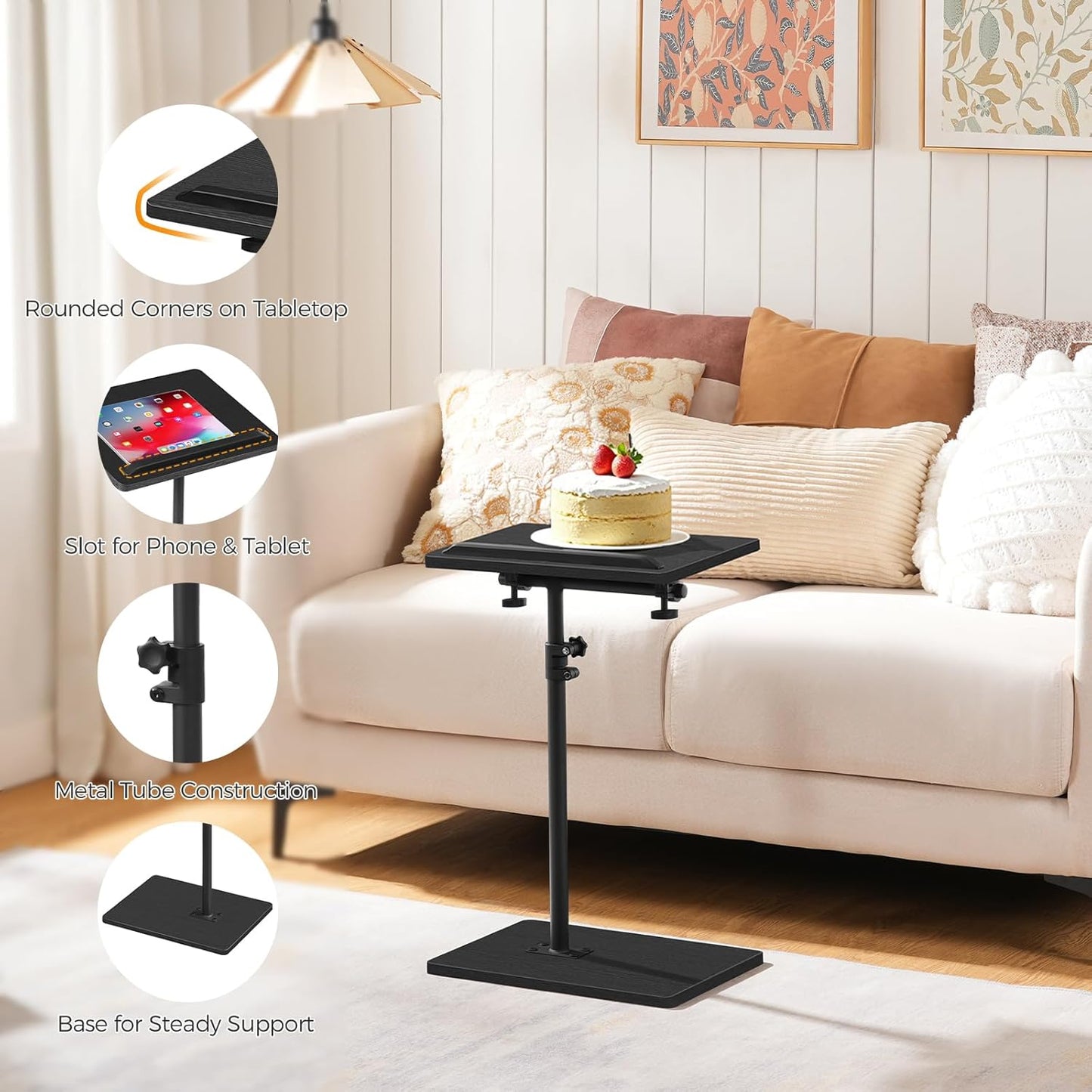 TV Tray Table, Sofa Armrest Tray Table for Couch, 360° Swivel Height Adjustable End Table, Snack Side Table with Phone and Tablet Slot, C Shaped Black ETBK4501