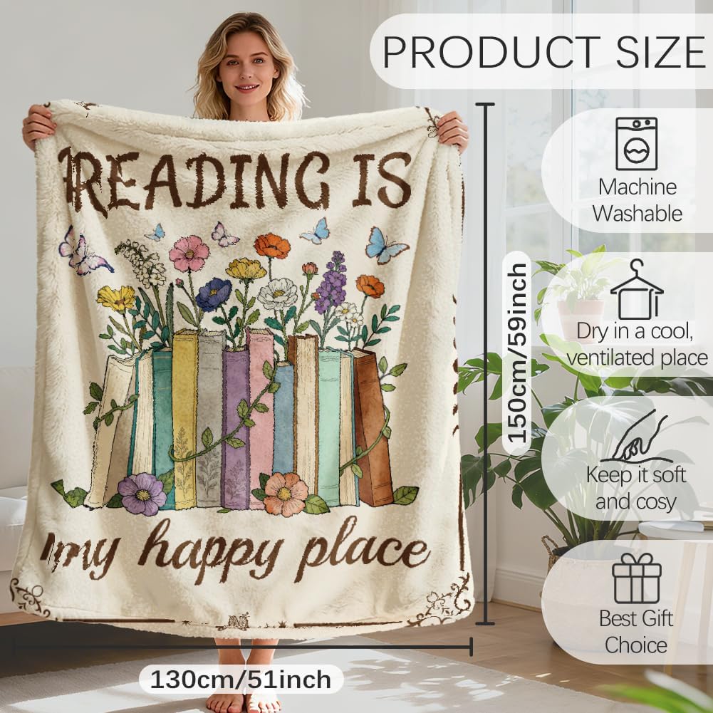 GLOBLELAND Books Flowers Throw 59x51 inch Butterflies Flannel Blanket for Book Lovers Washable Fuzzy Throw Blanket for Couch Chair Sofa Bed Dorm Bedroom Home
