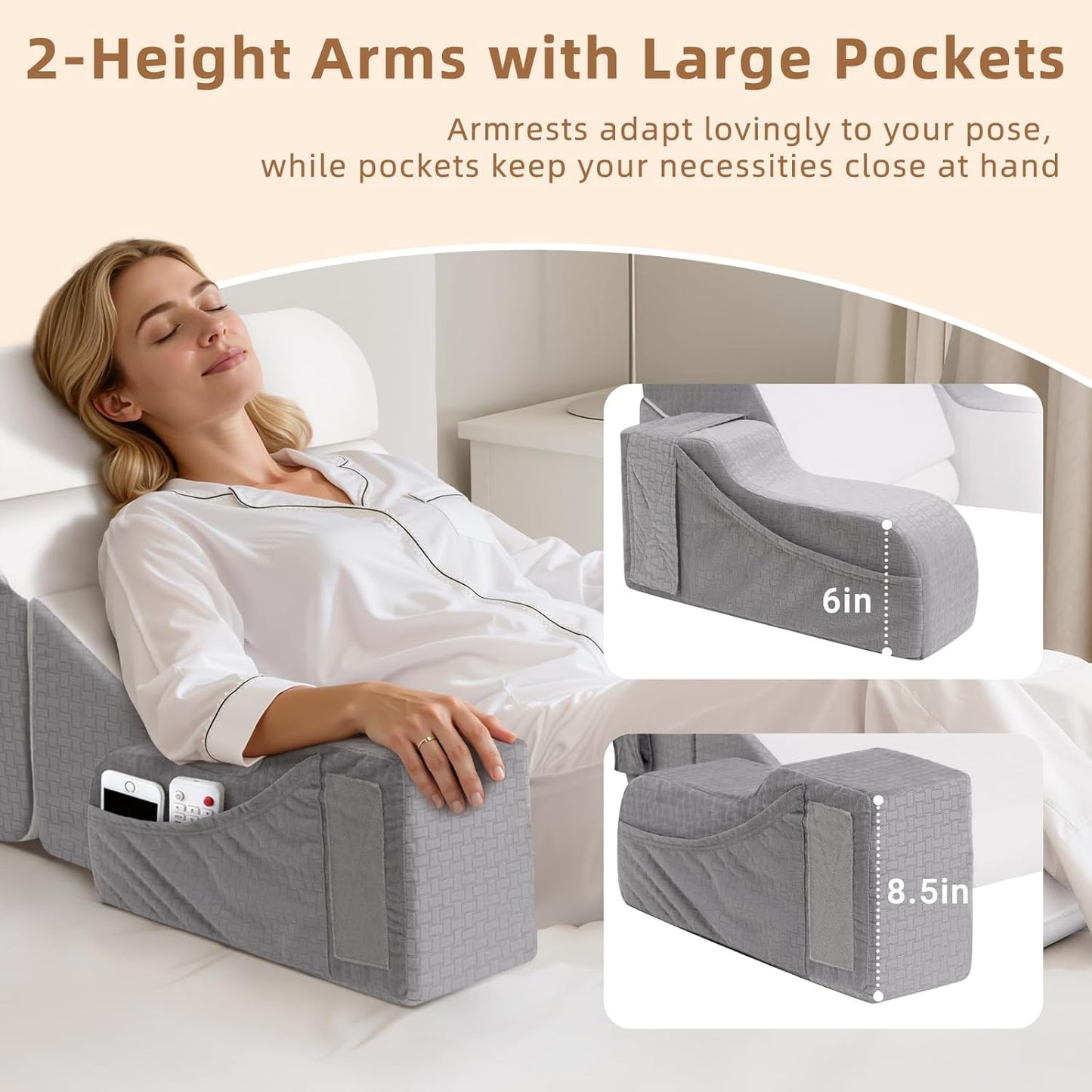 5PCS Reading Pillow for Sitting in Bed Adult, 2 in 1 Foldable Back Wedge Pillow for Sleep, Ergonomic Back Support Pillow with Arms for Watching TV, Gaming, Working, Recovery, 19” White/Grey
