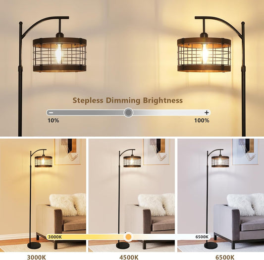 Arc Floor Lamp with Remote & Dimmable LED Bulb, Vintage Wood Floor Lamps for Living Room, Industrial Black Standing Lamp with 3 Color Temperature, Farmhouse Rustic Tall Lamp for Bedroom Office Corner