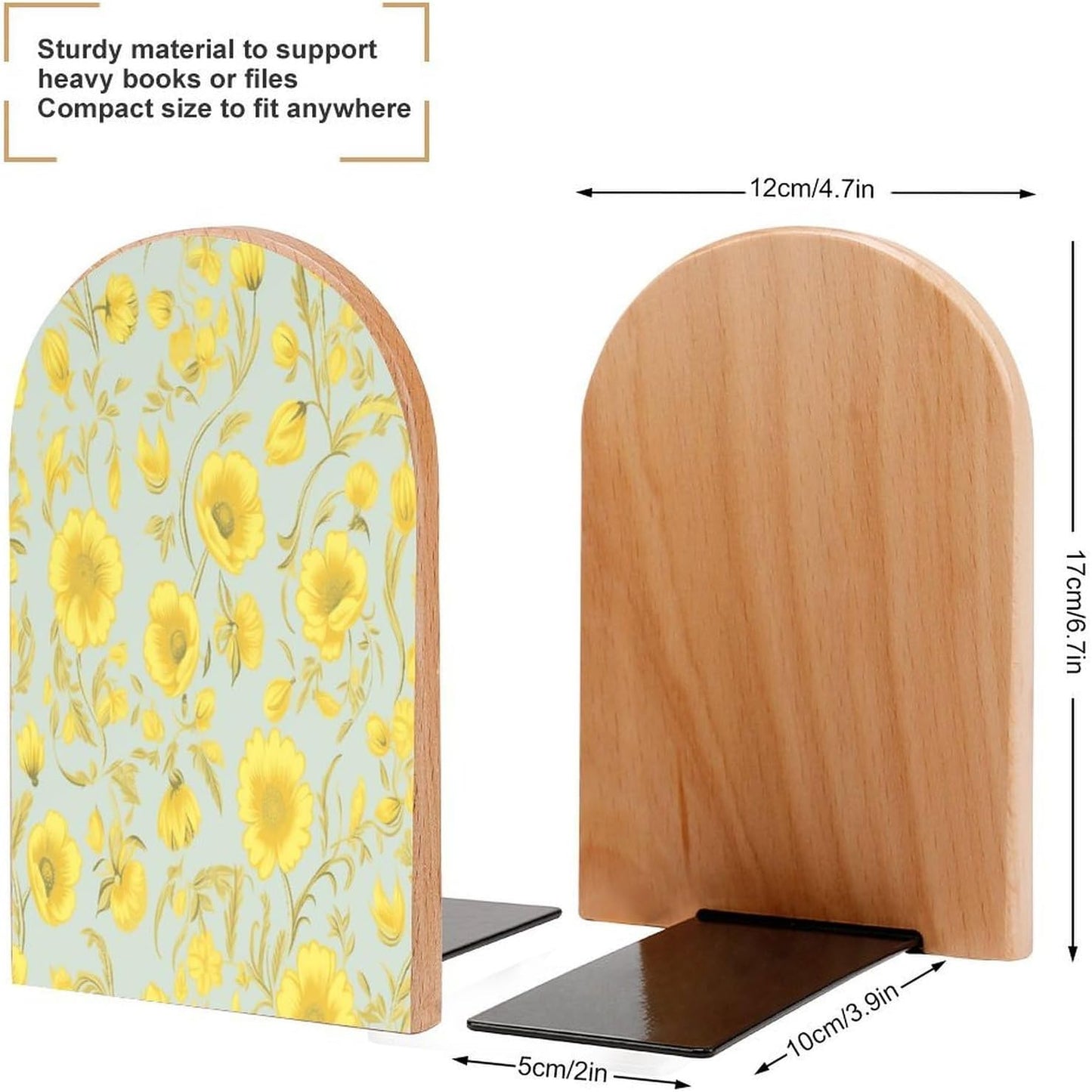 Yellow Flower Bookend for Shelves Wooden Book End Large Size Sturdy Book Holders Stoppers with Metal Base for Bookshelves Slick Decorative Bookends Stands