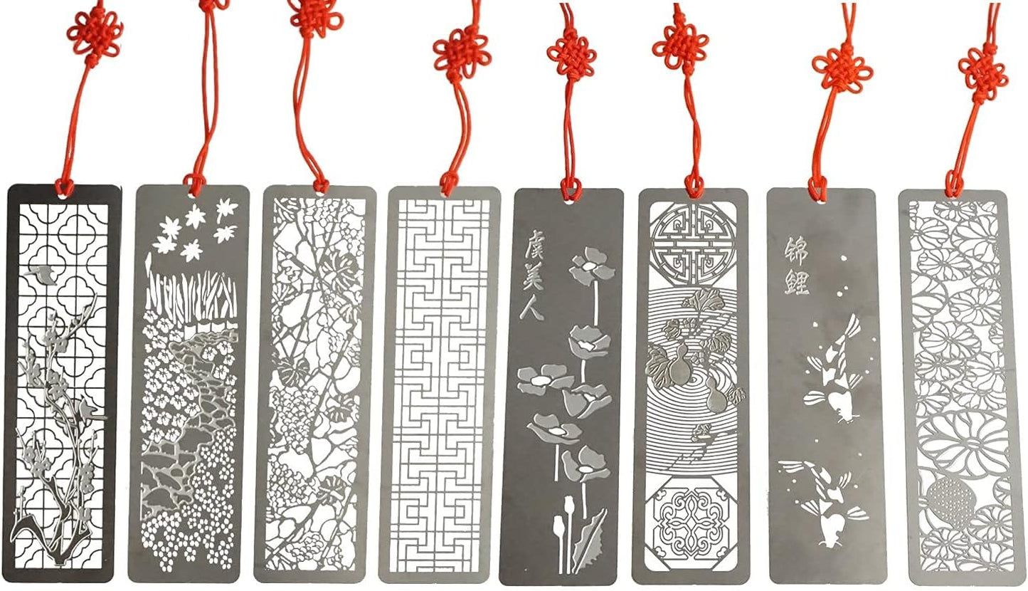Metal Bookmarks 8 Pcs Hollow Art Stainless Steel Book Mark with Red Enless Knot, Bookmarks Gift for Men Women Book Lovers, Unique Book Marks Accessories