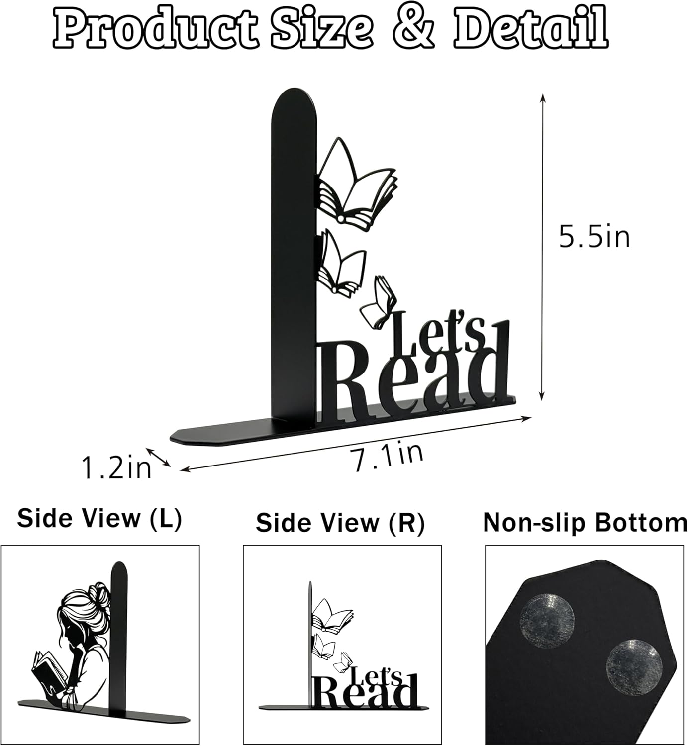 Metal Girl Reading Book Bookends，Lets Read Bookends for Shelves Bookshelf Decorative Objects Home Office Desk Bookshelf Decor Nice Gift for Women (Black)