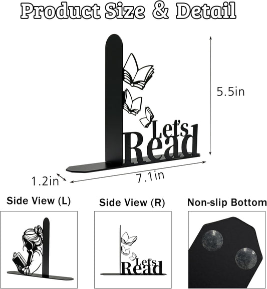 Metal Girl Reading Book Bookends，Lets Read Bookends for Shelves Bookshelf Decorative Objects Home Office Desk Bookshelf Decor Nice Gift for Women (Black)