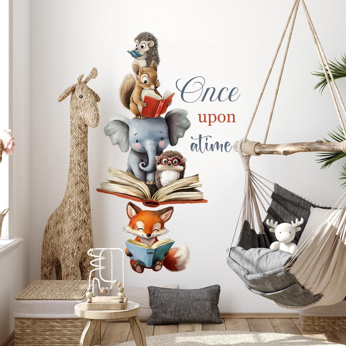 Once Upon a Time Wall Decal, Woodland Animals Reading Books Wall Stickers for Nursery Classroom Kids Bedroom Preschool Wall Decor, 31.10x27.95 inch, 2 Sheets