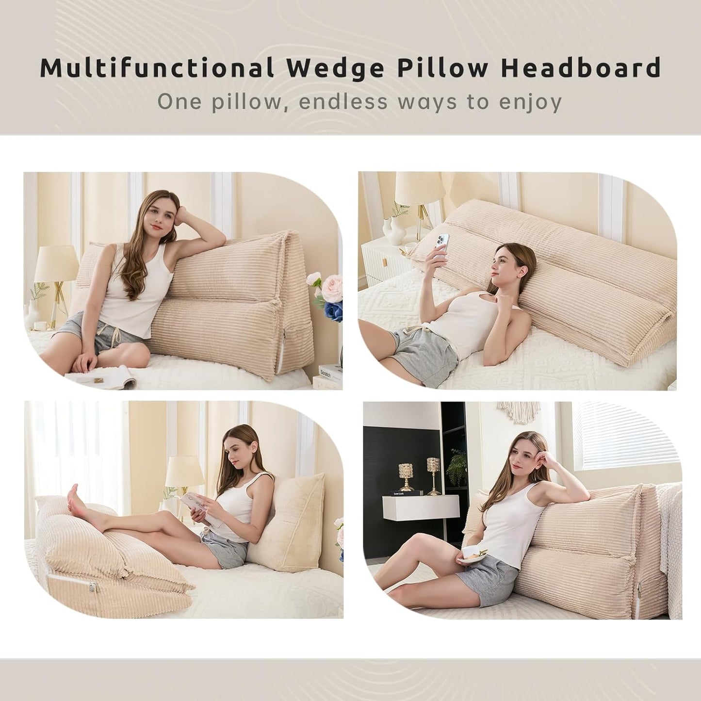 Wedge Pillow Headboard, Headboard Pillow Queen for Reading or Sitting, Bolster Pillow with Large Memory Foam, Removable Cover, Camel