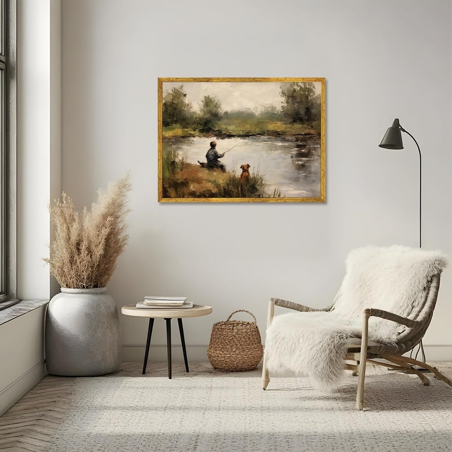 Large Gold Framed Vintage Boy Fishing Landscape Framed Wall Art Retro Lake Scene with Dog Oil Painting Poster Rustic Countryside Animal Picture Canvas Print for Farmhouse Boys Room Decor 36x24inch