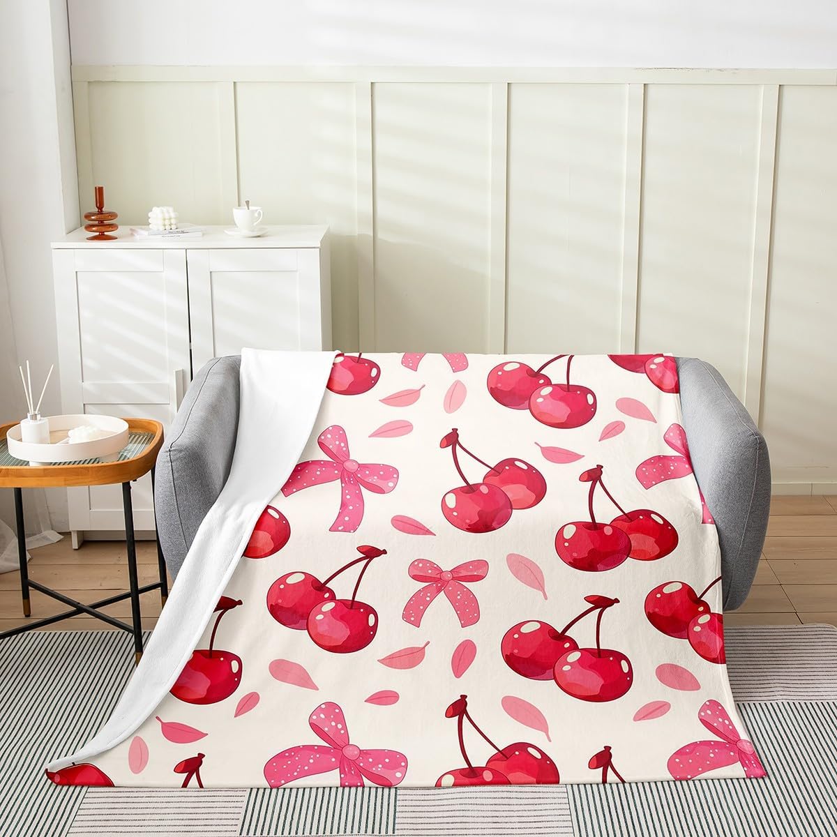 Feelyou Cheery Plush Throw Blanket 40"x50" Bow Ties Flannel Fleece Blanket Cute All Season Bed Blanket Kawaii Room Decor Hot Pink
