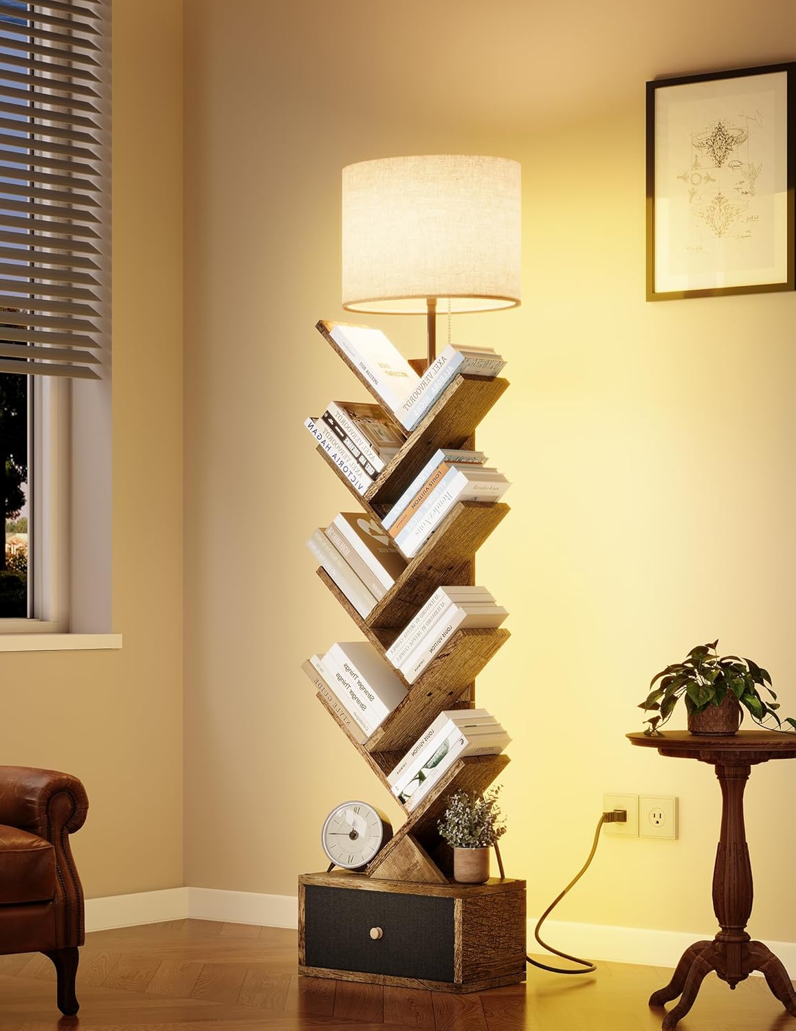 9 Tier Tree Bookshelf with Light and Drawer, Floor Standing Bookshelf Storage Organizer for Books/CDs, 9 Shelf Small Bookcase for Bedroom, Living Room, Taupe