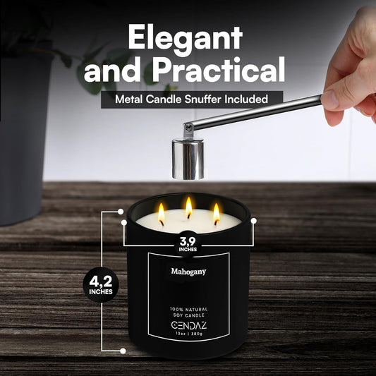 Mahogany Scented Soy Candle with Snuffer Included 3 Wick Candle for Men Long Lasting 75 Hour Burn Elegant Aromatherapy Candle for Relaxation Masculine Home Decor Birthday Holiday Gift Set Spa