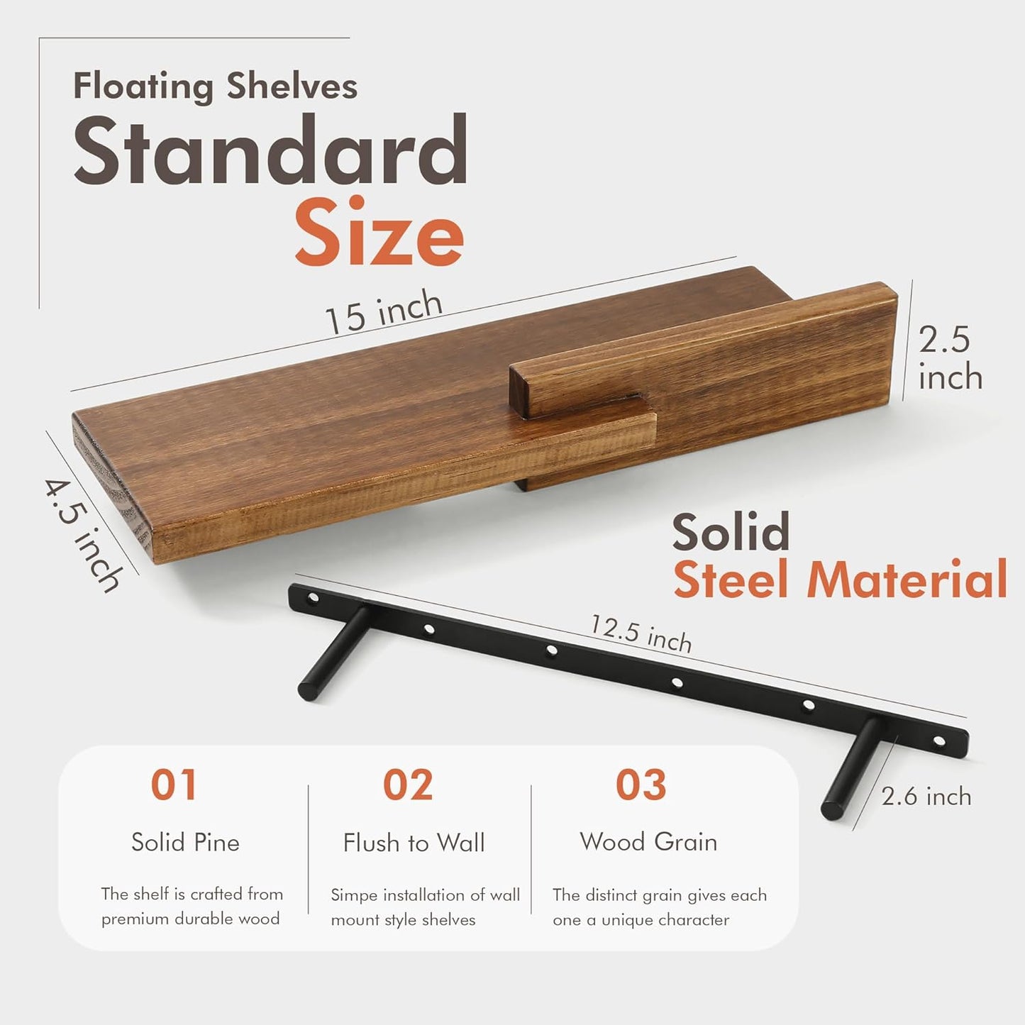 Wood Floating Shelf Set of 2, 4.5D x 15W Inch Modern Reversible Wall Shelves, Minimalism Wall Mount Hardwood Shelves, Wall Decor for Bedroom Living Room Kitchen (Walnut)