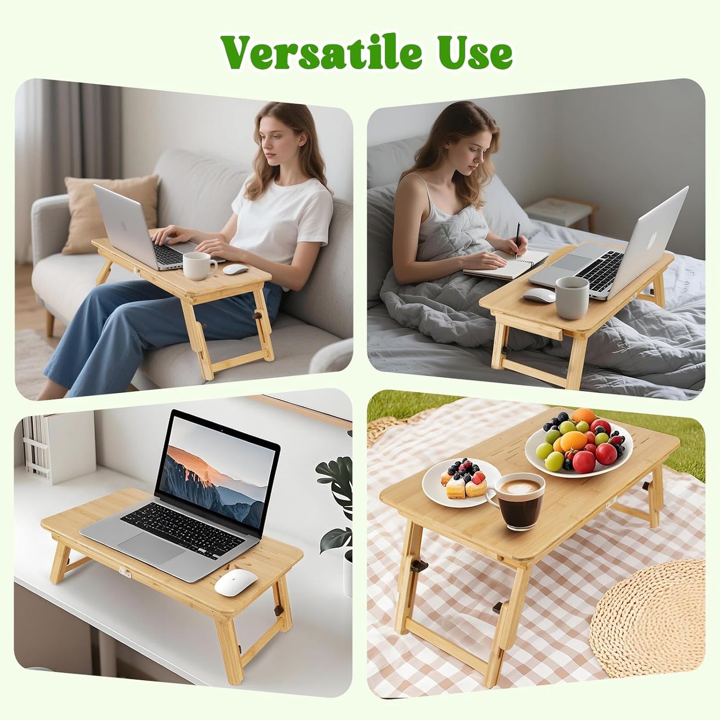 Bamboo Laptop Desk, Adjustable Foldable Bed Tray Table for Bed, Sofa, and Floor, Portable Lap Desk with Tilting Top & Drawer for Writing, Reading, Breakfast, Drawing, and Working