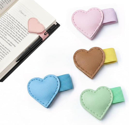 4Pcs Magnetic Leather Bookmarks Heart-Shaped Magnetic Pen Holder Book Marks Clip Gift for Book Lover Readers Cute Bookmark for Women,4 Colors