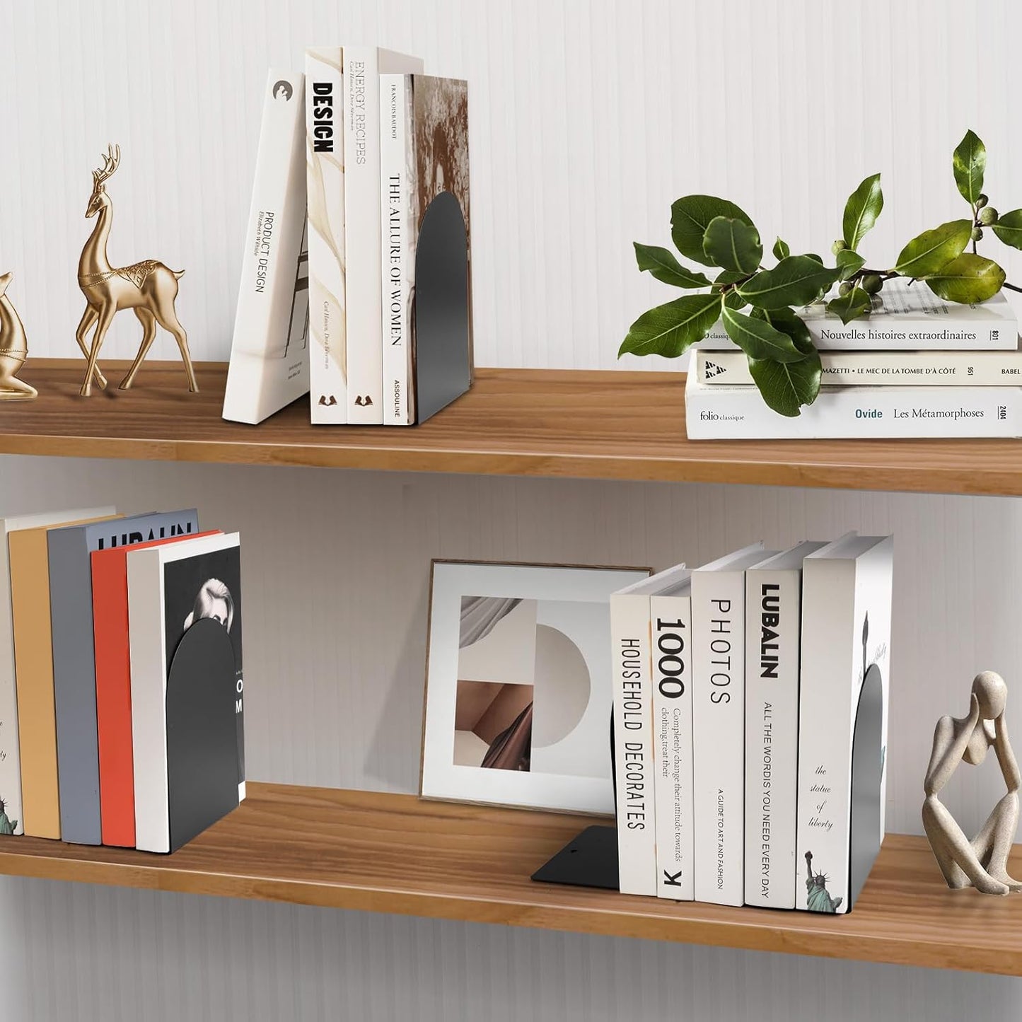 Metal Book Ends for Shelves - 6Pcs Bookends for Heavy Books Non-Skid Decorative Book Stopper to Hold Books/CDs for Home Office School and Desktop Organizer, Black