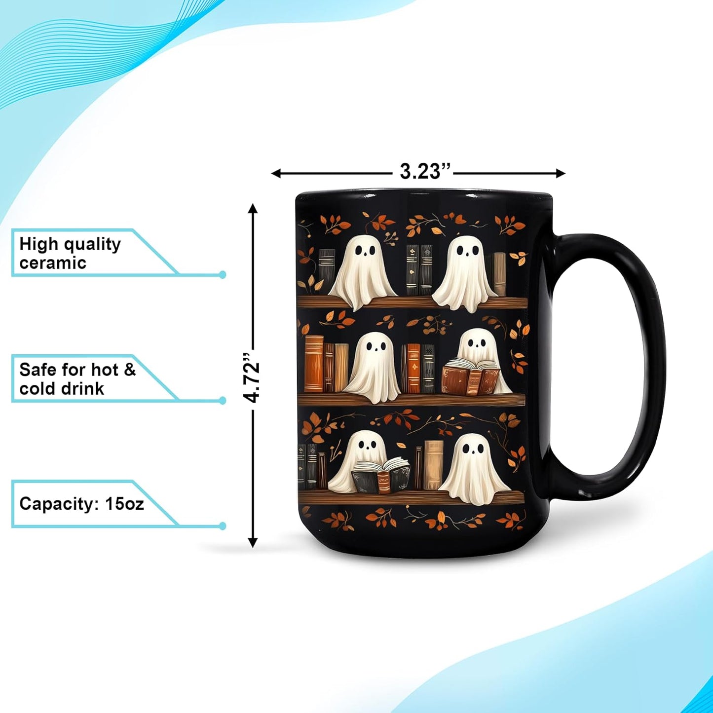 Hyturtle Cute Ghost Read Book Mug - Black Coffee Cup Ceramic Mug 15 Oz And Keychain - Book Gifts For Women Lover - Bookish Gift For Bookworm Librarian - Inspirational Librarian Present For Halloween