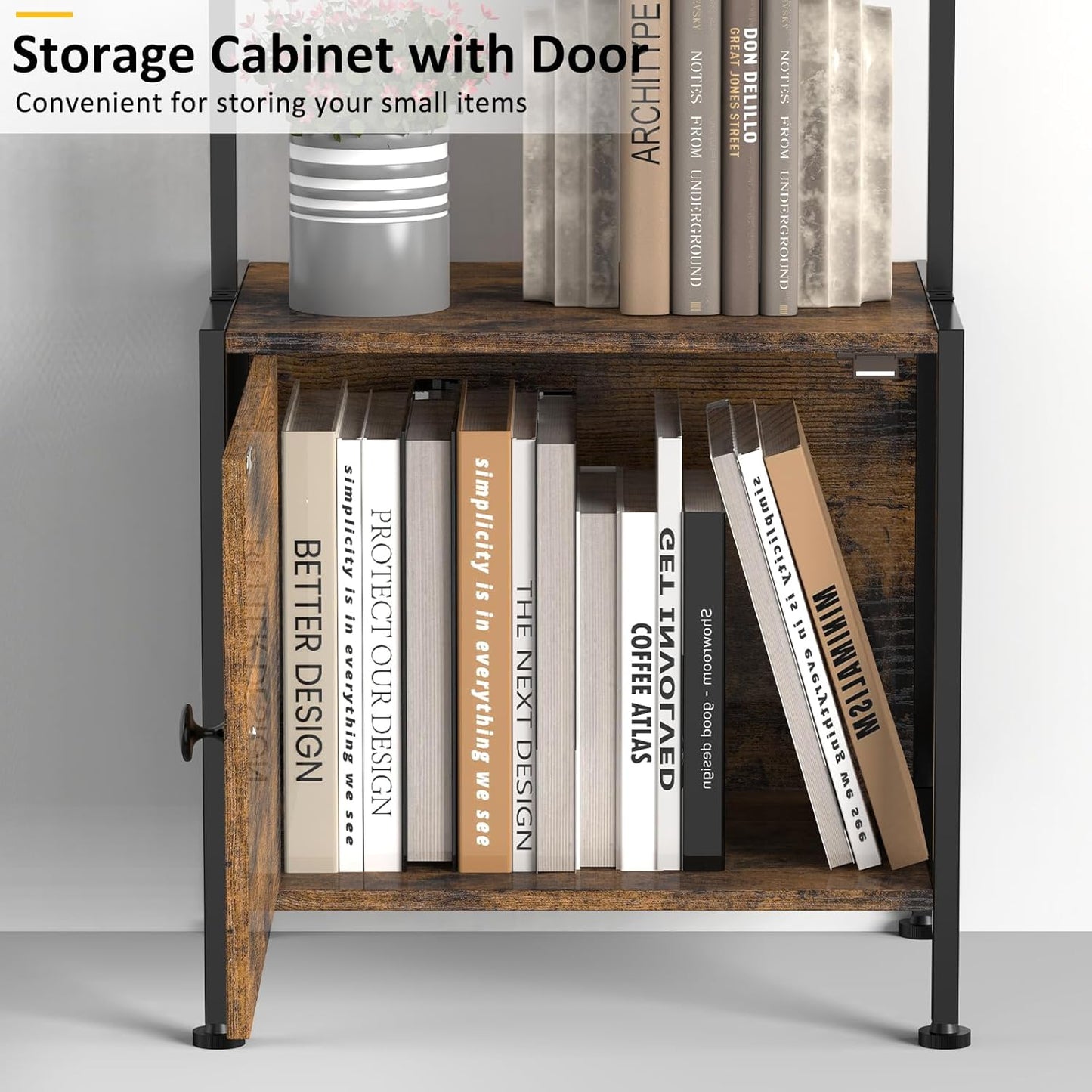Shinoske Ladder Bookshelf,5 Tier Book Shelf with Storage Cabinet,Wall Mounted Industrial Bookcase for Small Space,Metal Frame,Tall Display Shelf for Living Room,Corner,Bedroom,Office,Brown