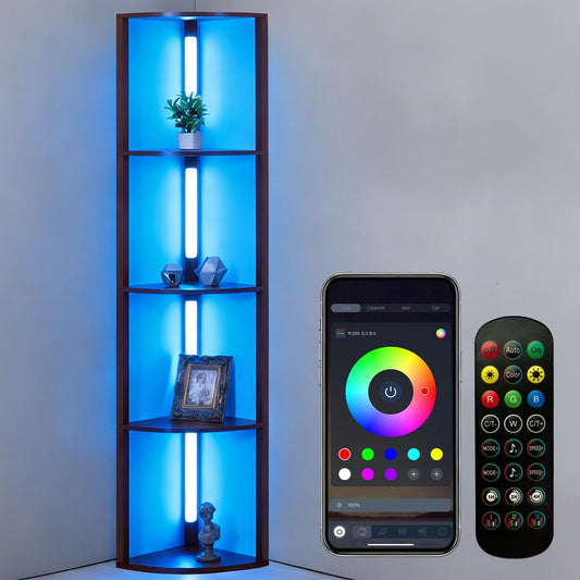 RGBCW Floor Lamp with Shelves, Smart Modern Floor Lamp with Music Sync, LED Color Changing Corner Display Shelf Lamp, Tall Lamps for Living Room and Bedroom, Bookshelf Lamp, Brown