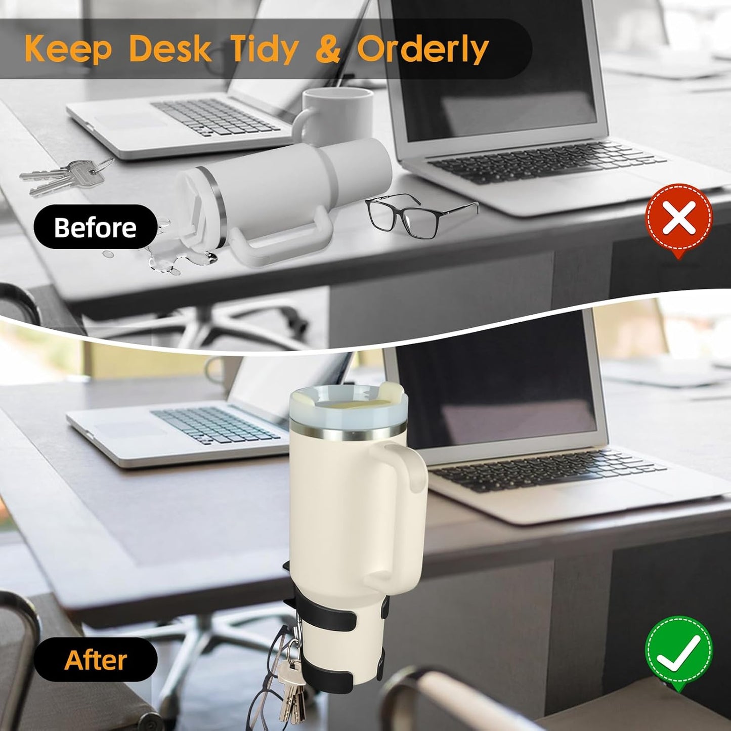 Desk Cup Holder, 2-in-1 Cup Holder for Desk Compatible with Stanley,Sinple Midern, Hydroflask, Owala, Adjustable Anti-Spill Tumbler Organizer with Hook for Home Office and School